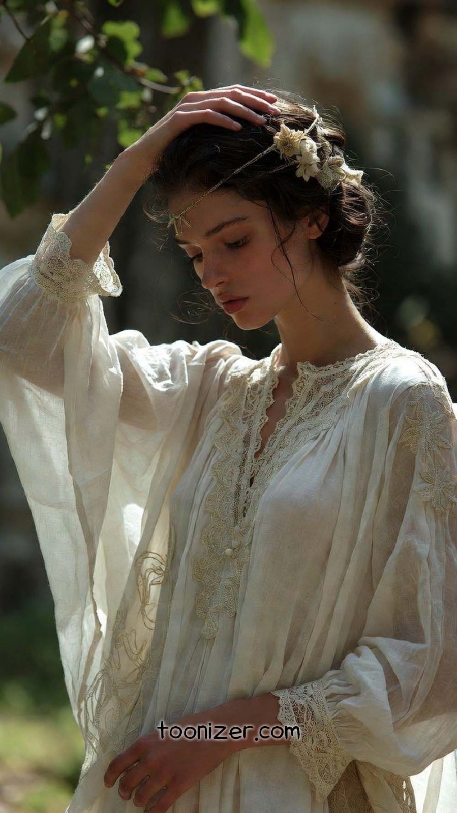 Woman in vintage lace dress outdoors