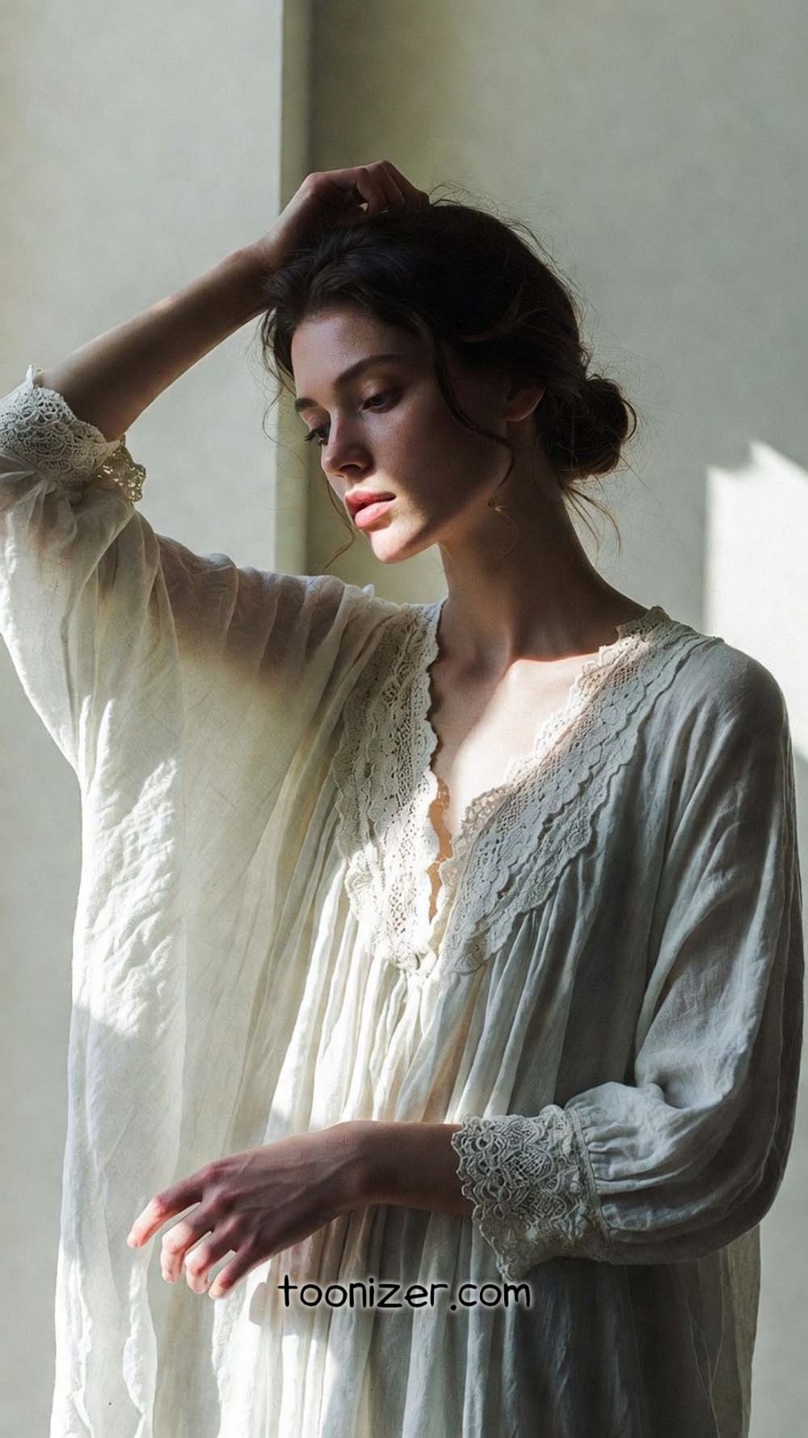 Woman in vintage lace dress in sunlight