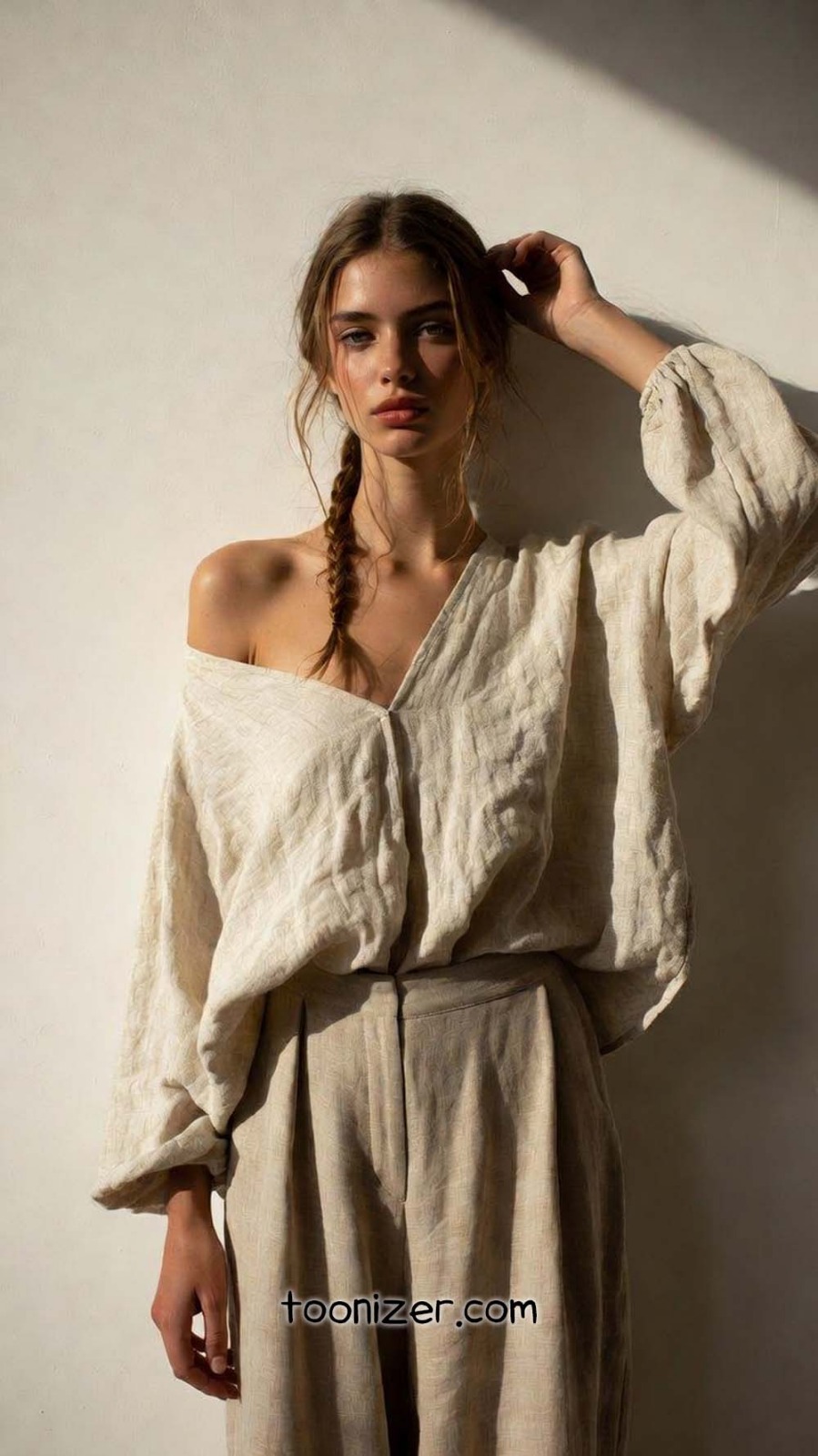 Woman in loose beige clothing