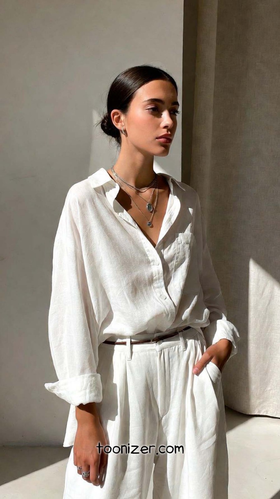 Woman in white outfit with sunlight