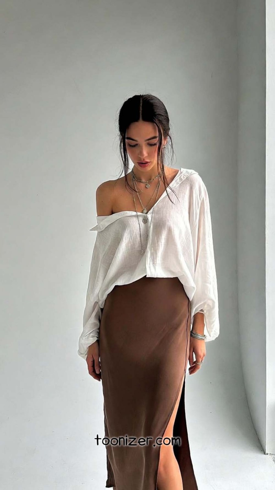 Woman in stylish off-shoulder outfit