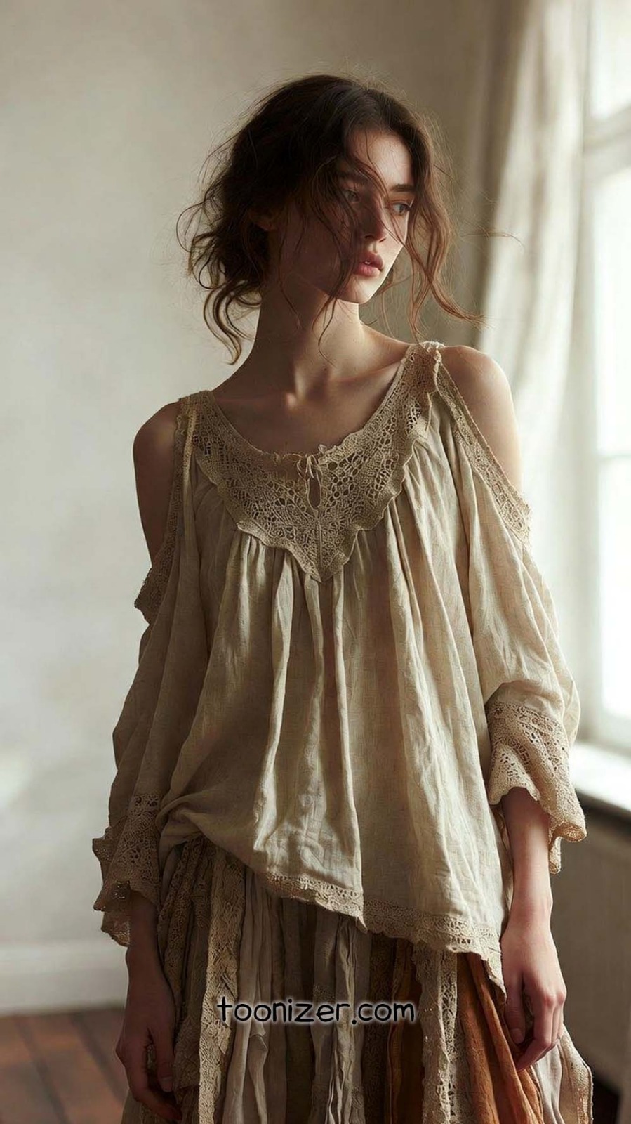 Woman in vintage-style clothing near window