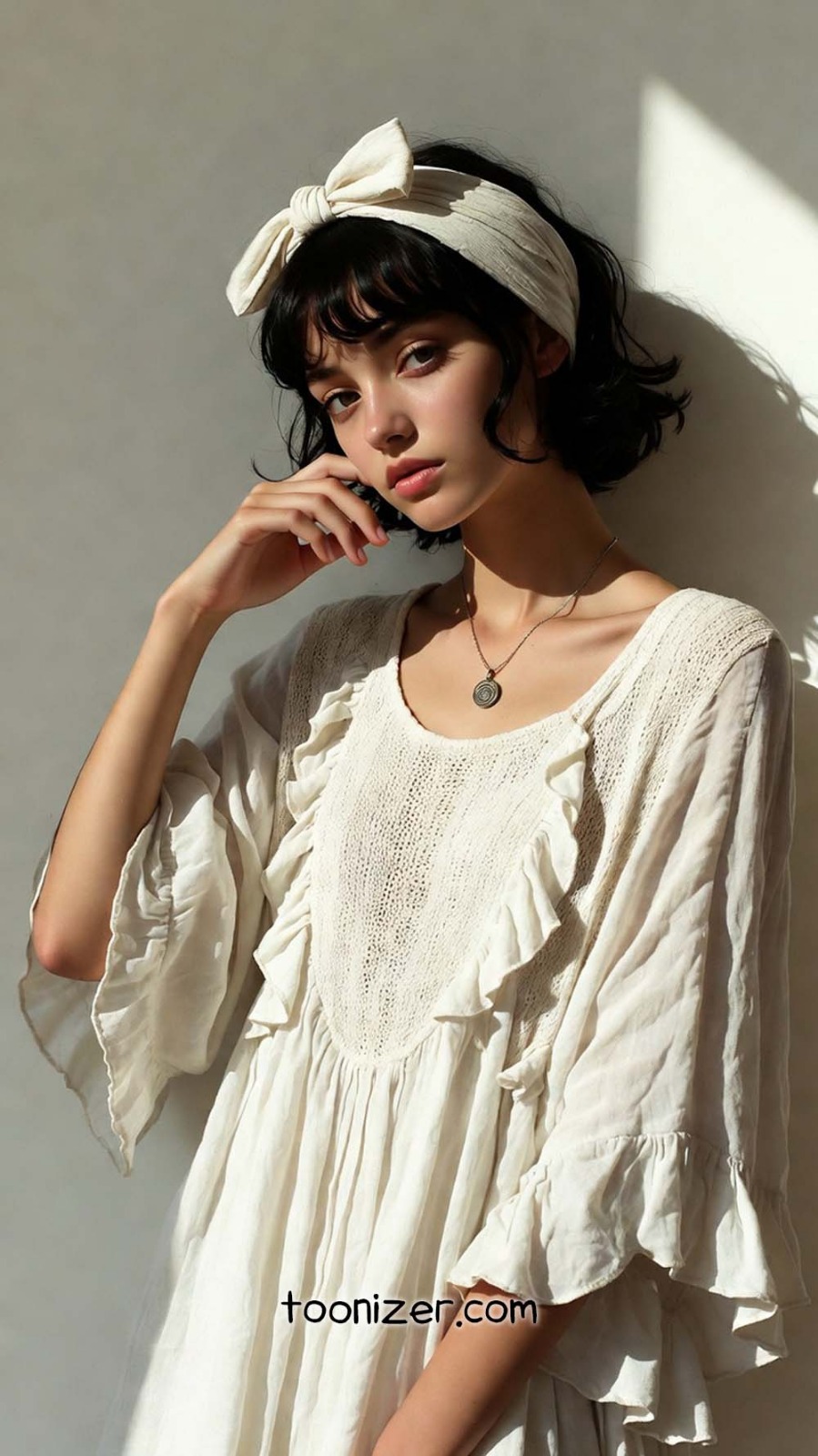 Woman in white dress with headband