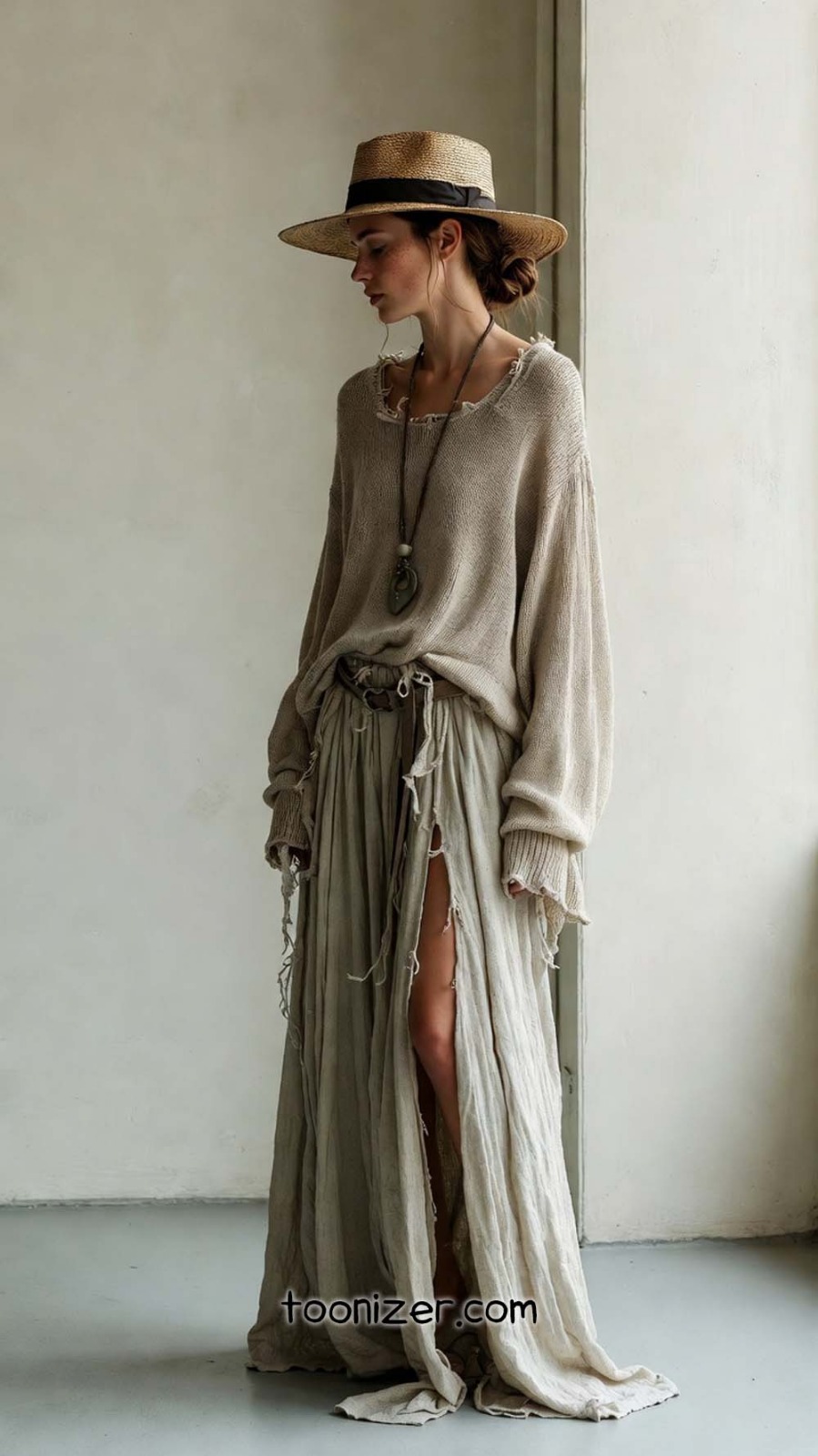 Woman in rustic bohemian outfit with hat