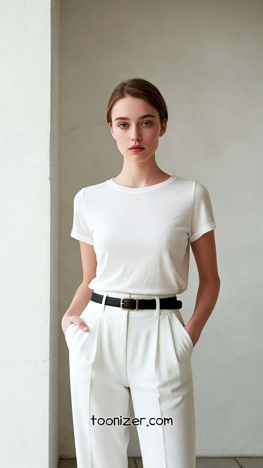 Woman in white outfit posing indoors