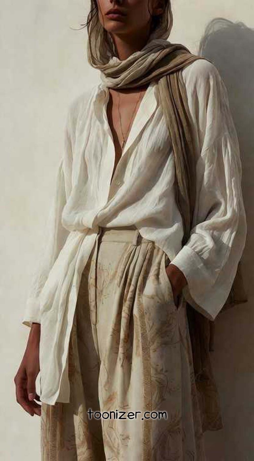 Woman in elegant bohemian outfit with scarf