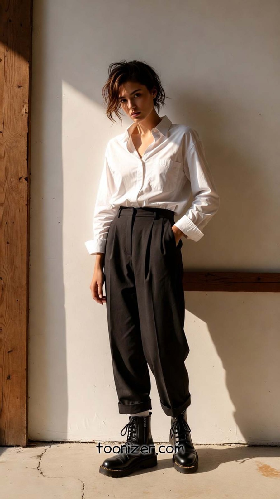 Person in stylish outfit poses against wall