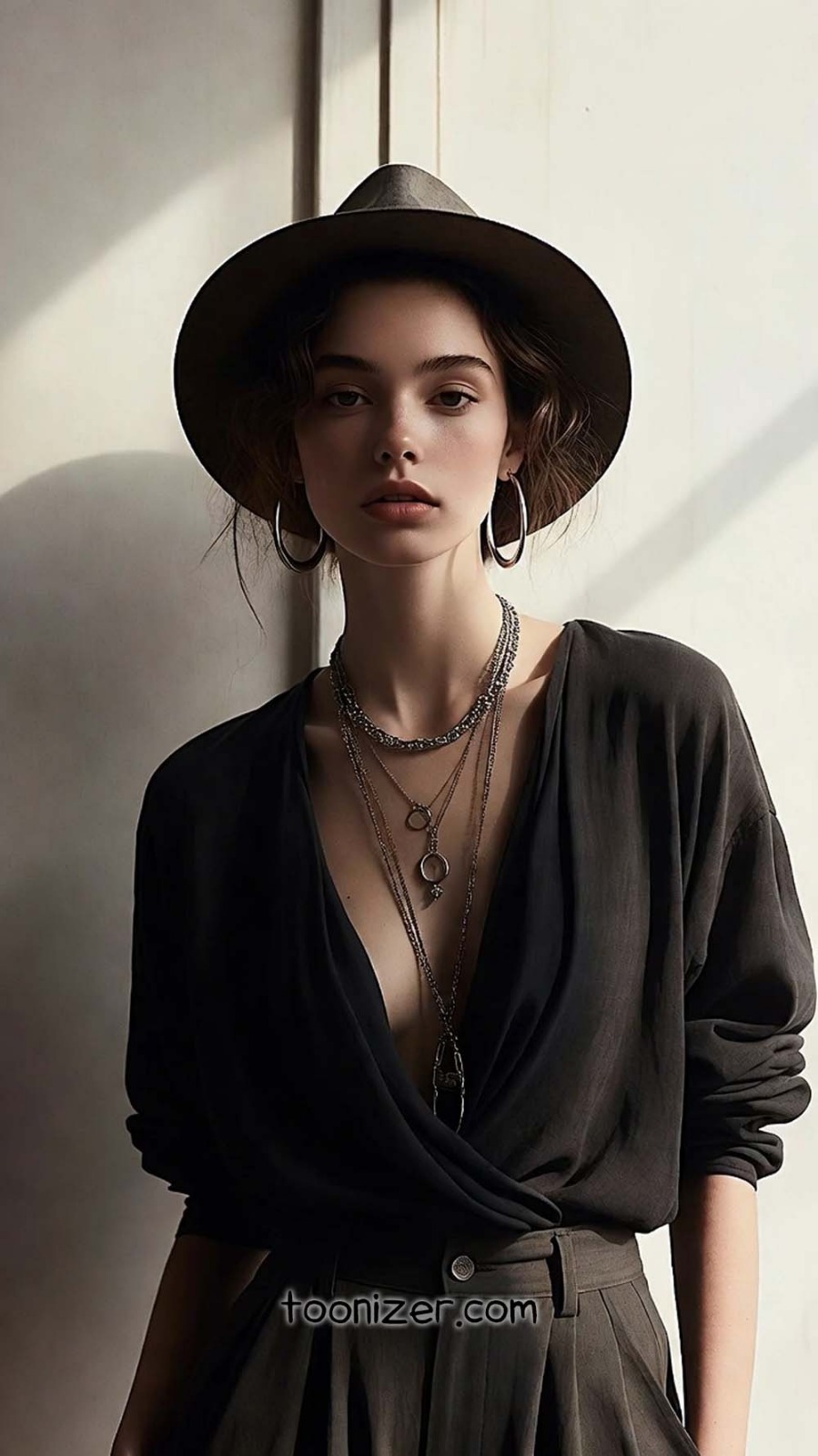 Stylish woman in hat and layered necklaces