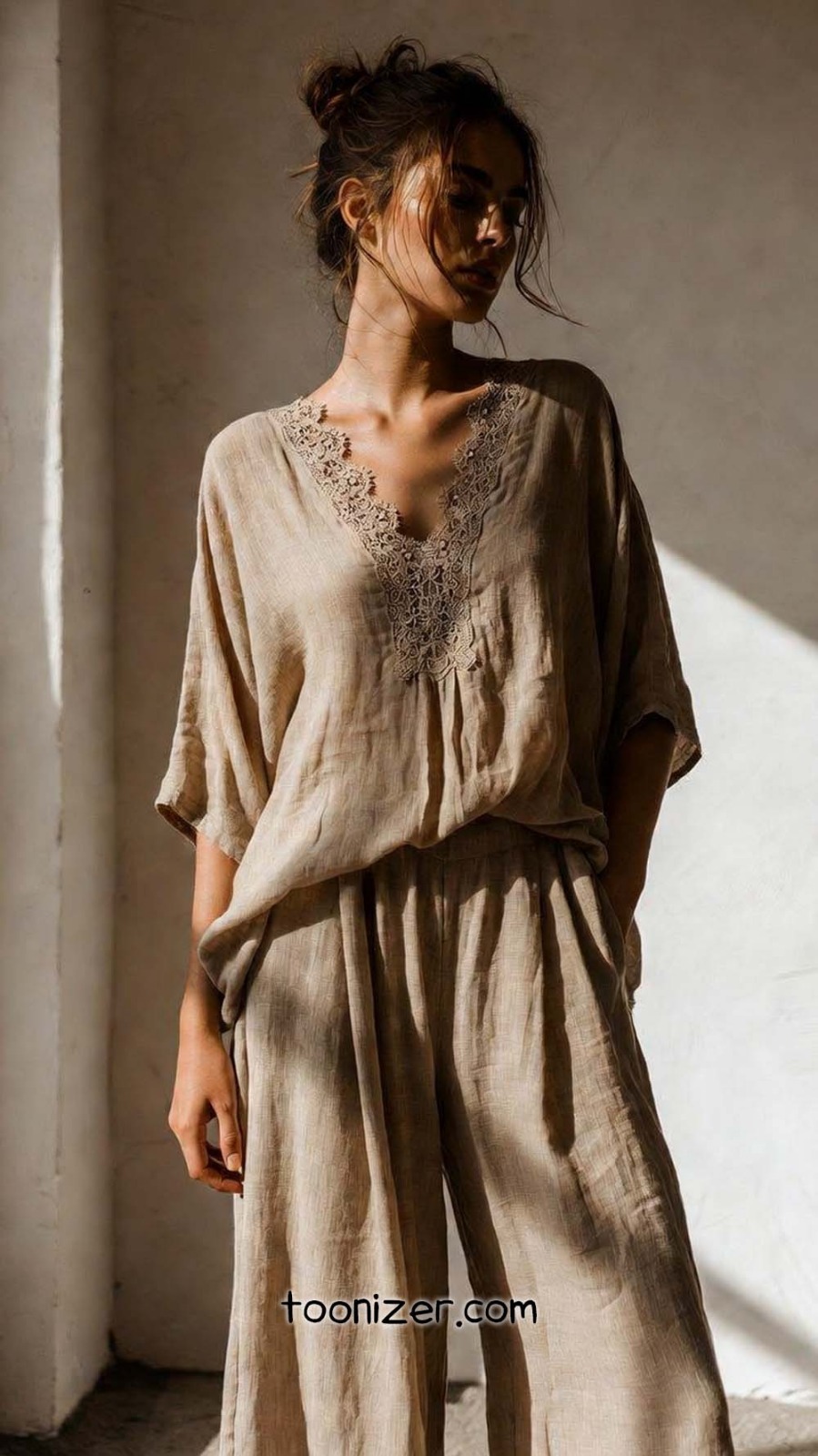 Woman in loose beige outfit posing.