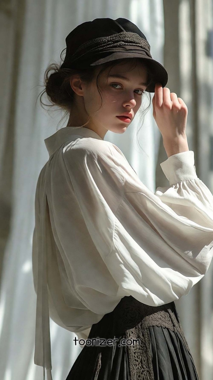 Woman in white blouse and black hat
