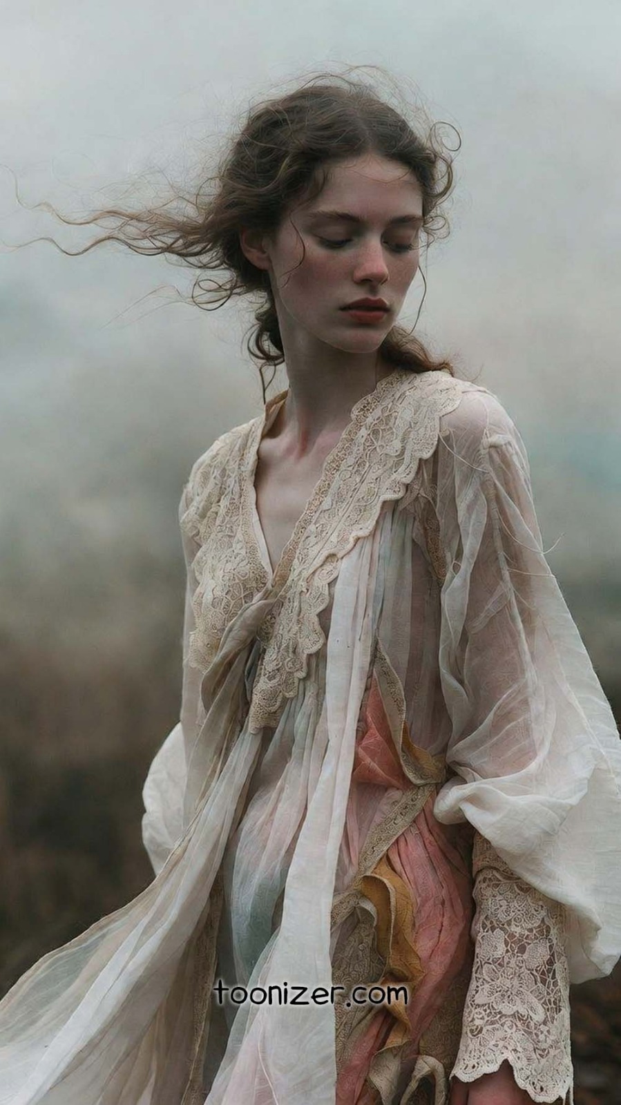 Woman in vintage lace dress outdoors