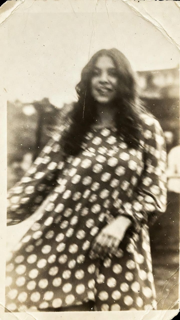 Vintage sepia photo of smiling woman in polka-dot dress
