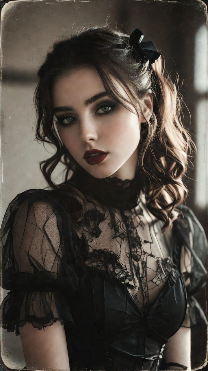 Woman in black lace gothic dress portrait