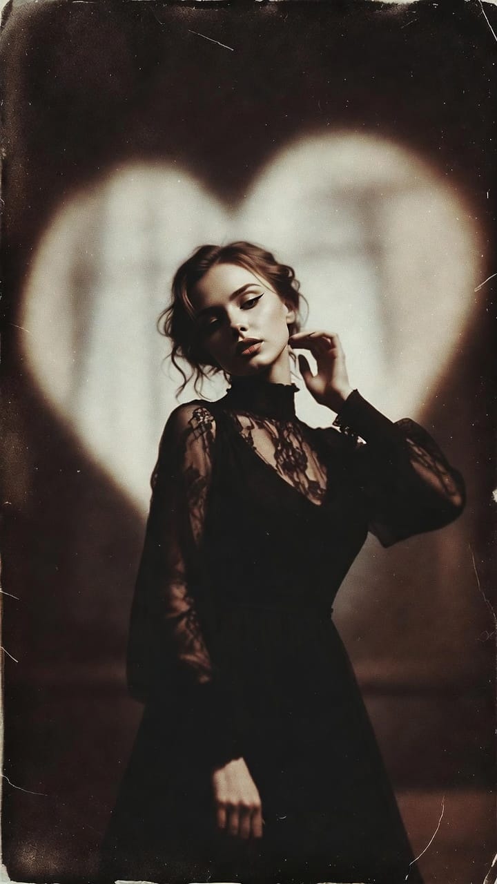 Woman in black lace dress before heart-shaped light