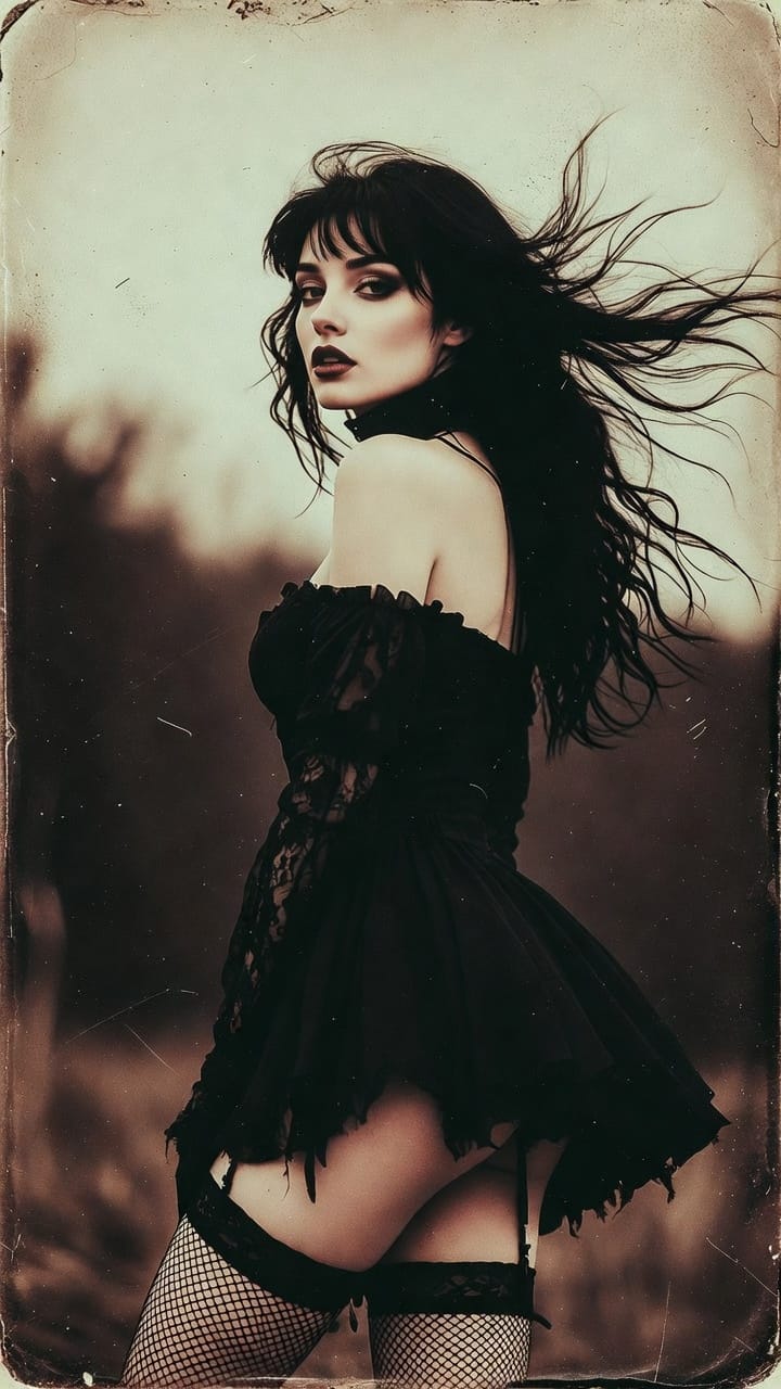 Gothic woman in black dress, windblown hair