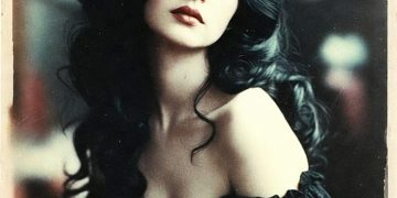 Vintage portrait of woman in black lace dress