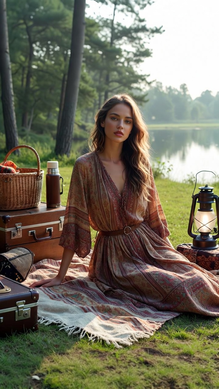 Woman in a dress having a picnic by the lake
