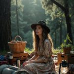 Woman sitting in a forest picnic setup