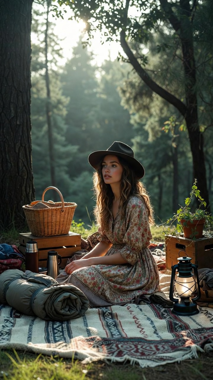 Woman sitting in a forest picnic setup