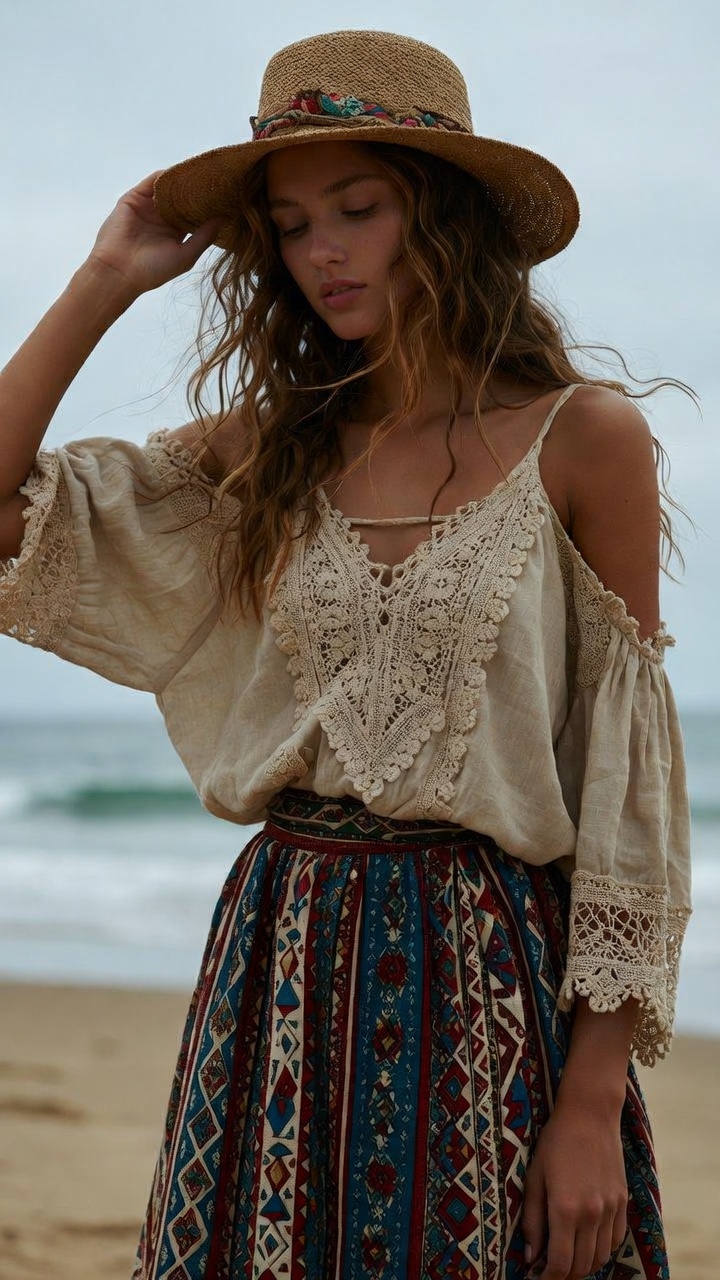 Woman in bohemian attire on the beach