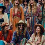 Group of people in bohemian clothing, laughing outdoors.