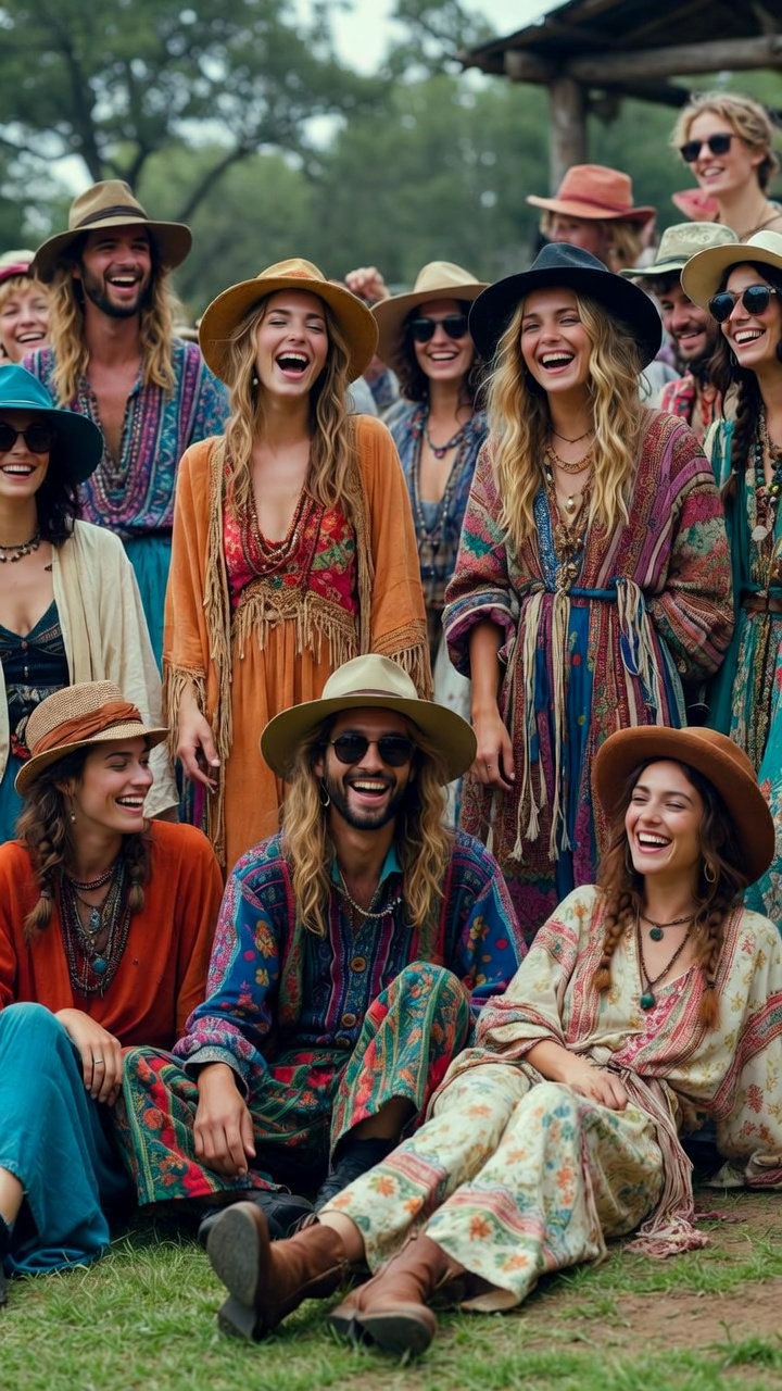 Group of people in bohemian clothing, laughing outdoors.