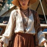 Woman in boho style in front of tent