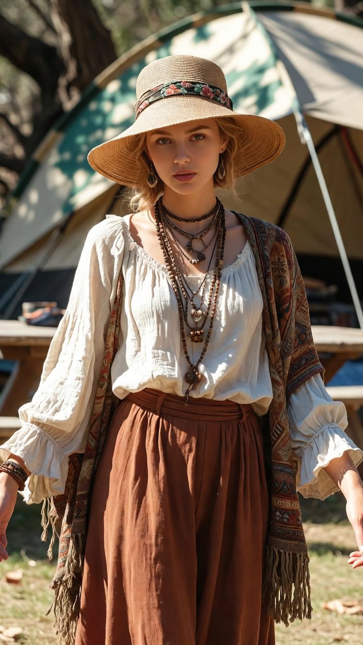 Woman in boho style in front of tent