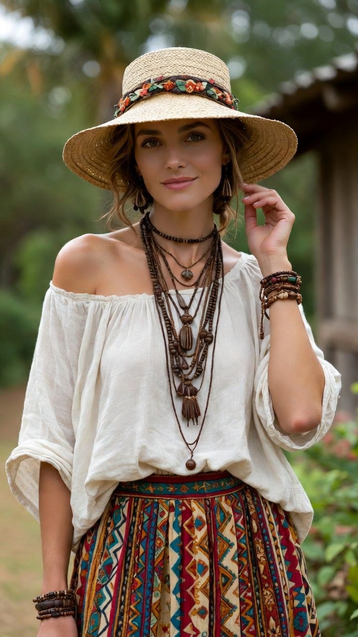 Woman in bohemian attire with straw hat