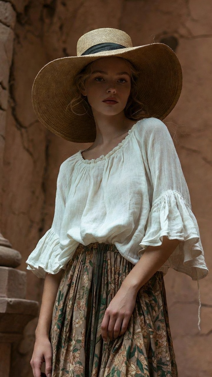 Woman in vintage hat and bohemian outfit
