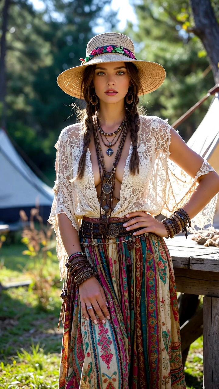 Woman in bohemian attire in natural setting