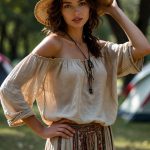 Woman in bohemian attire with sun hat