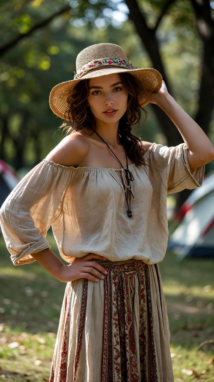 Woman in bohemian attire with sun hat
