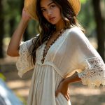 Woman in hat and lace dress outdoors