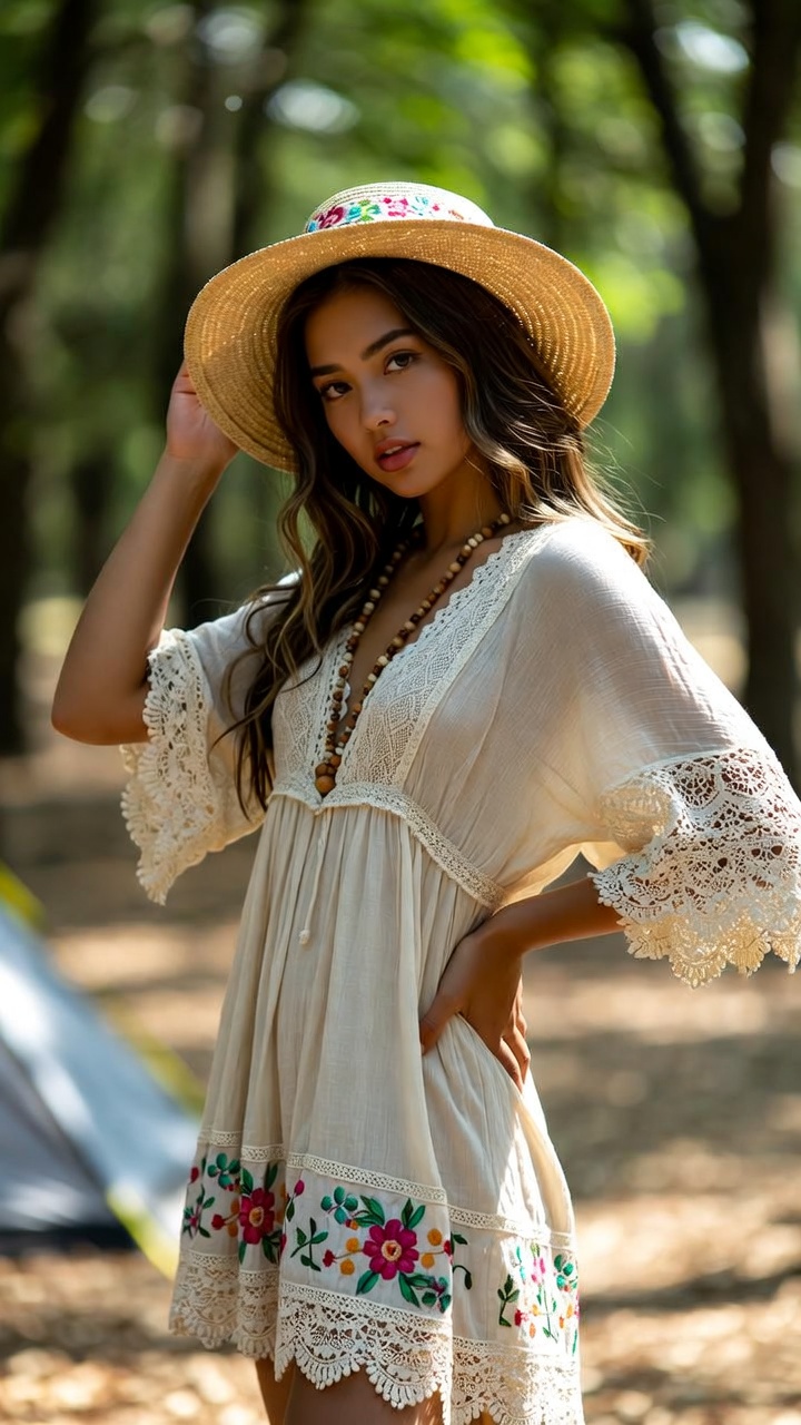 Woman in hat and lace dress outdoors