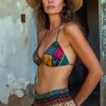 Woman in colorful attire, wearing a sun hat.
