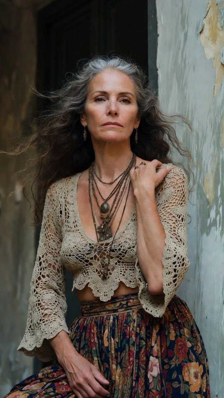 Woman in bohemian attire with flowing hair