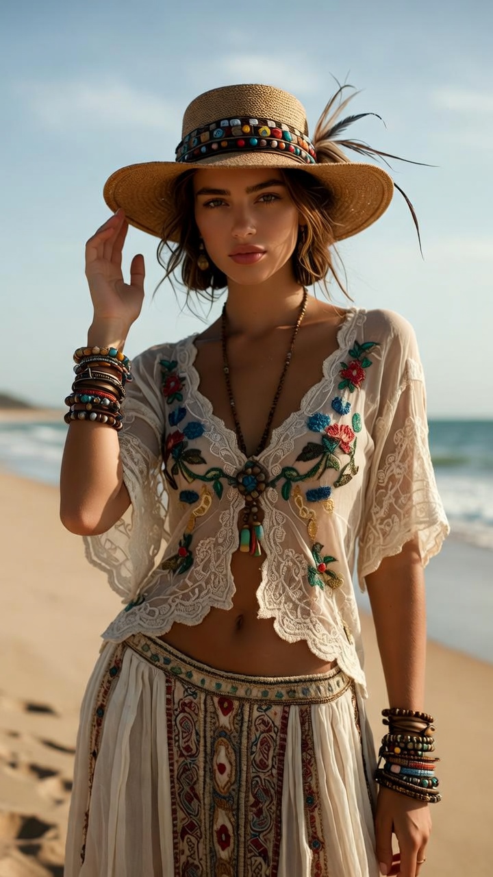 Woman in bohemian attire on a beach