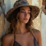 Woman in floral hat and lace bikini.