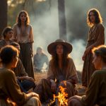 Group gathered around a campfire in the woods