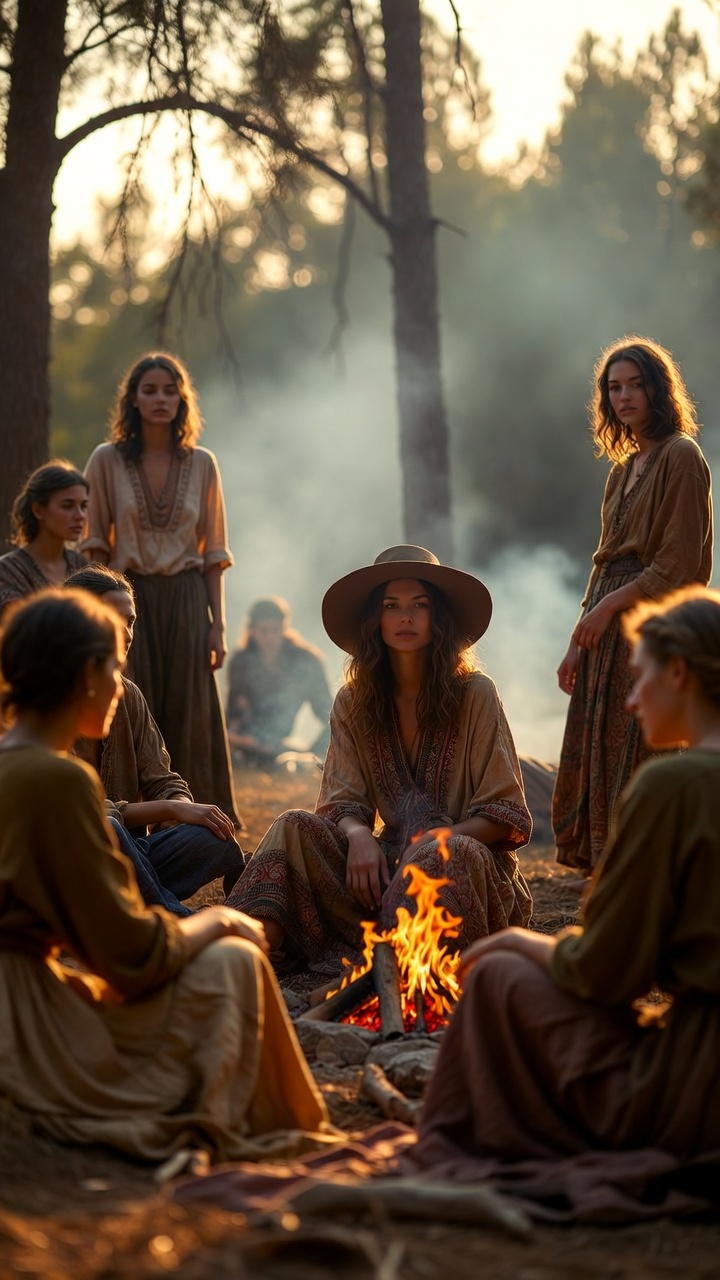 Group gathered around a campfire in the woods
