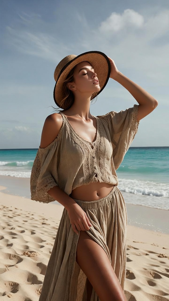 Woman in hat on sandy beach