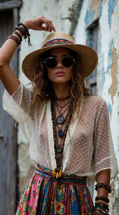 Woman in bohemian outfit and sunhat