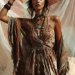 Woman in bohemian-style outfit with accessories.