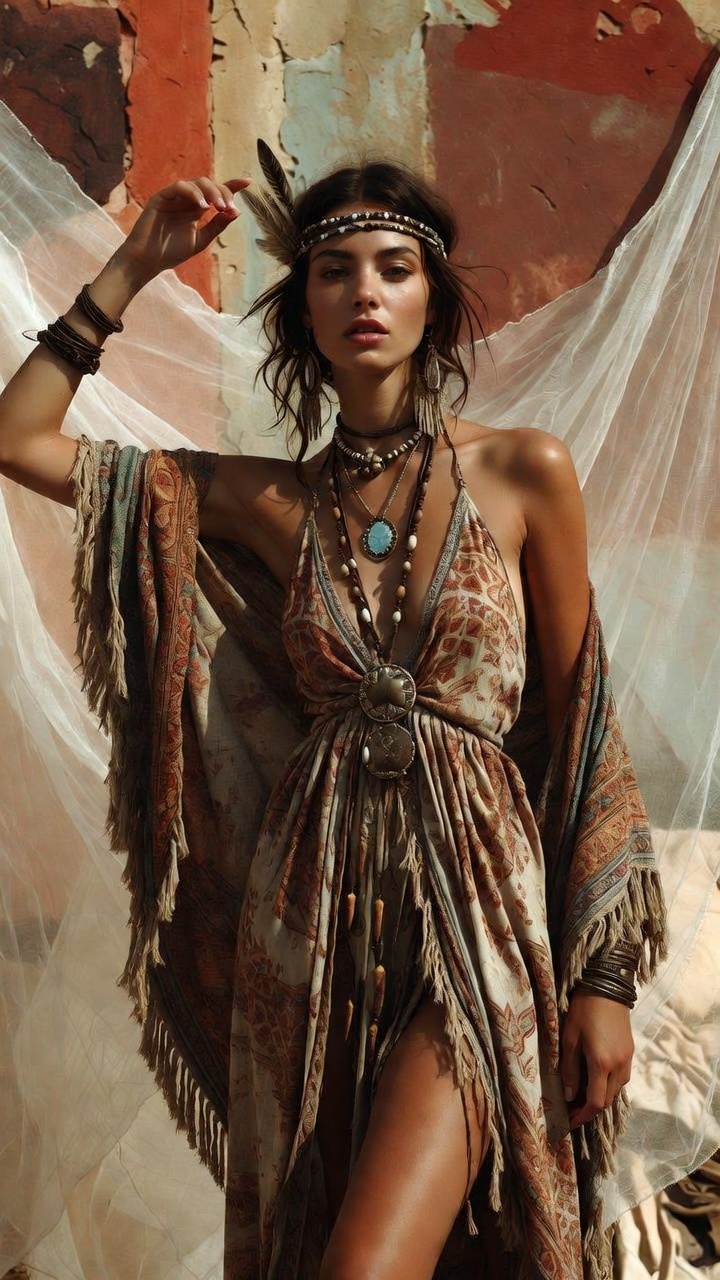Woman in bohemian-style outfit with accessories.