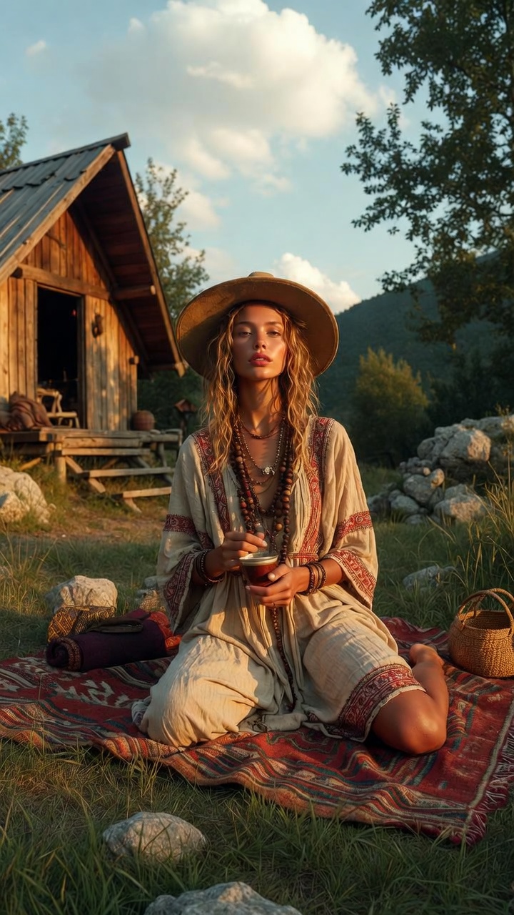 Woman in bohemian attire outdoors