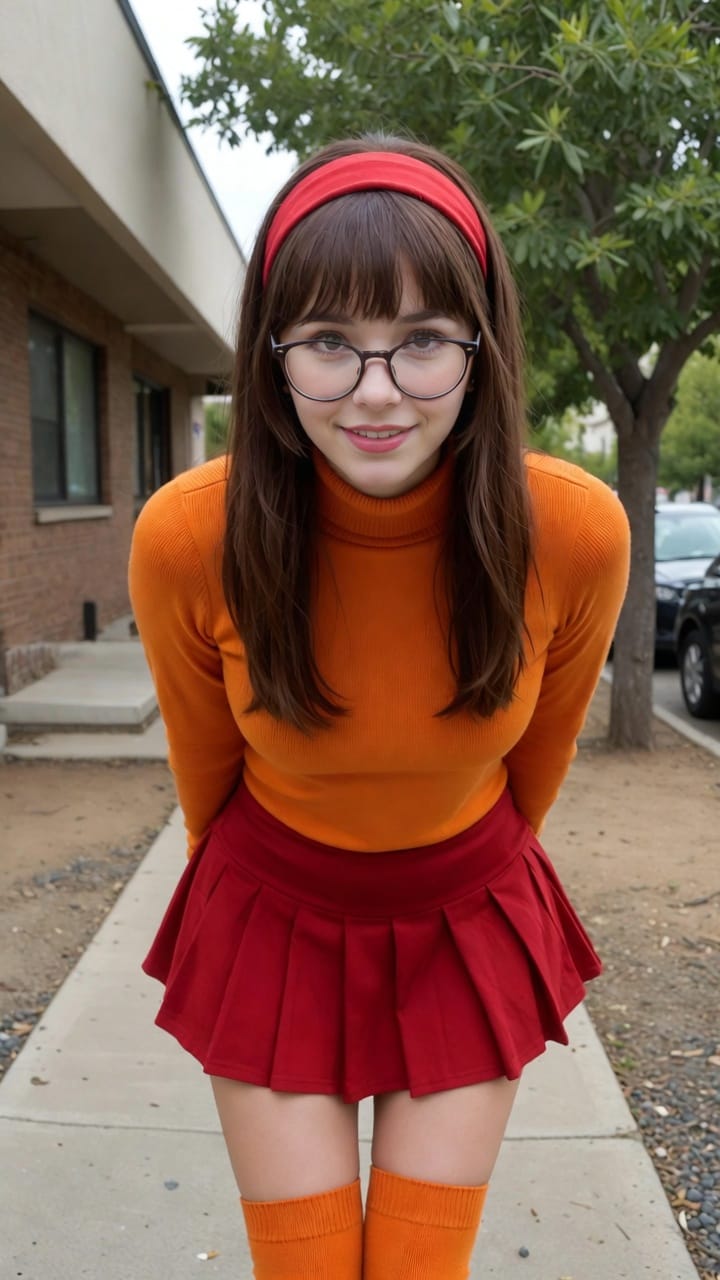 Woman in orange sweater and red skirt outdoors