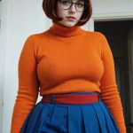 Woman in orange sweater and blue skirt