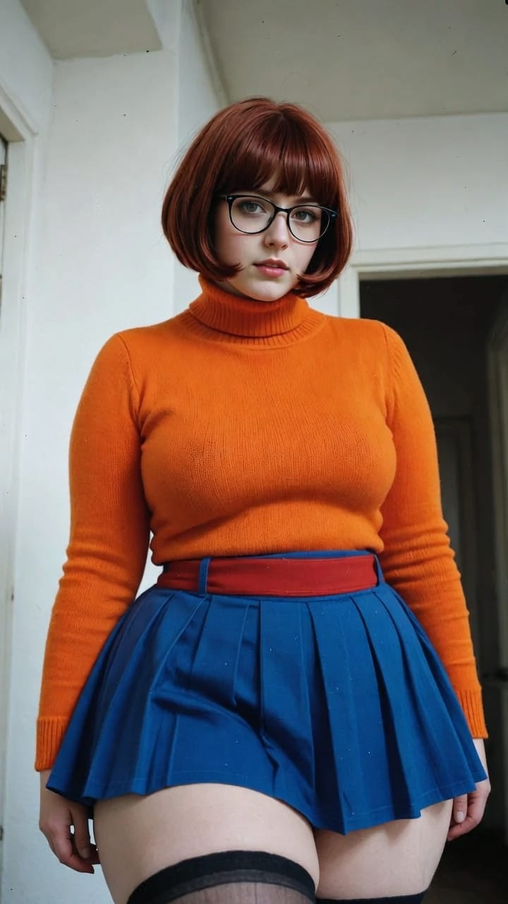 Woman in orange sweater and blue skirt