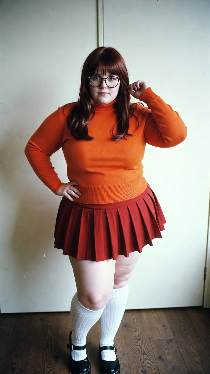 Woman in orange sweater and red pleated skirt